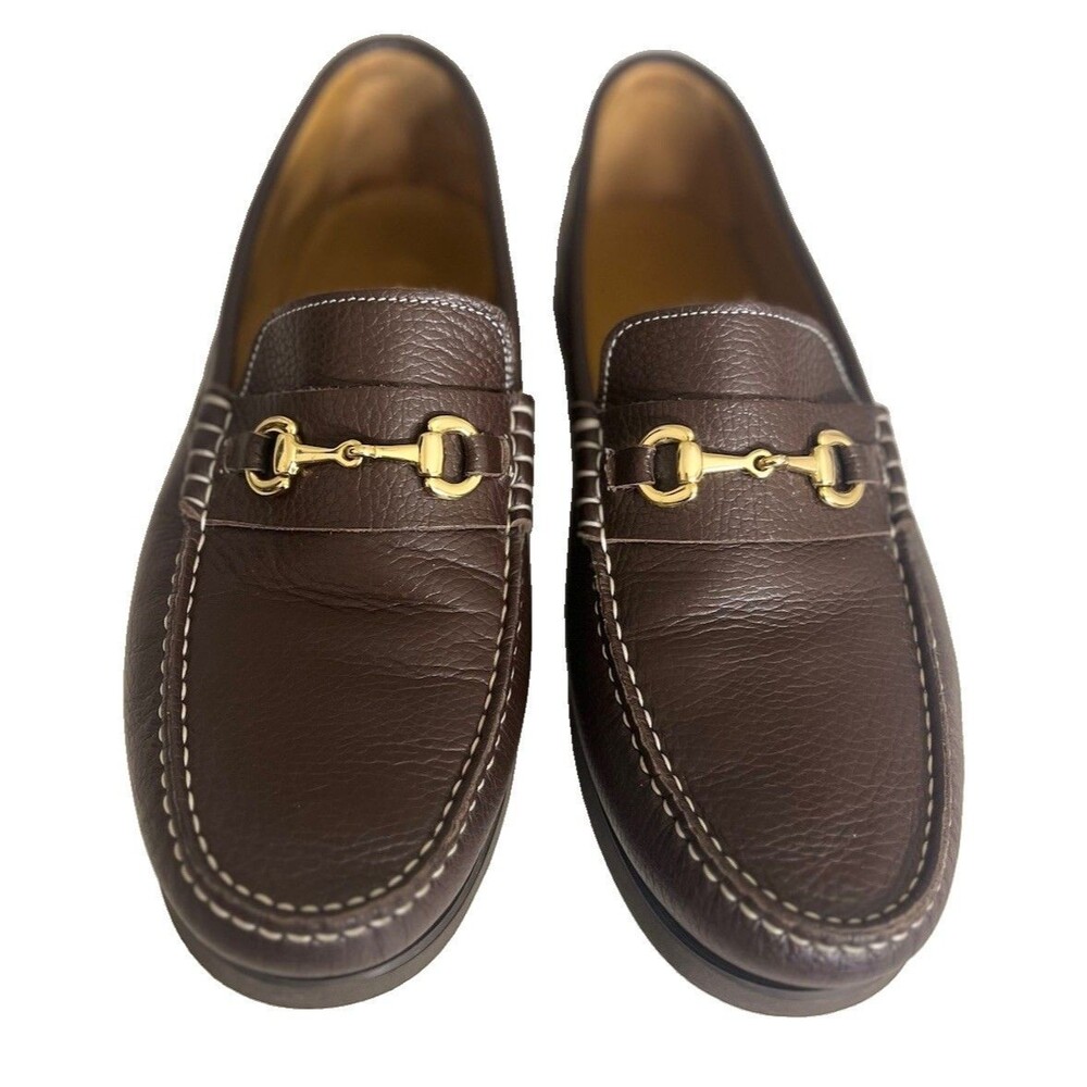 Oliver Cabell Dark Brown Textured Leather Gold Horsebit Boat Shoe Loafers (45)